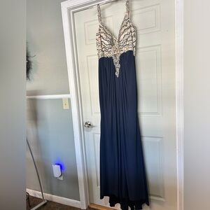 Mac Duggal Navy and Ivory Beaded Prom Gown